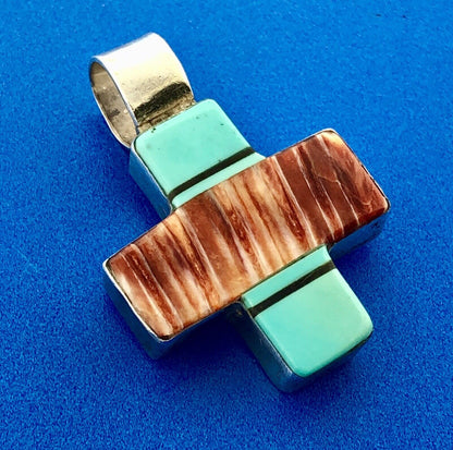 Native American Signed Sterling Silver Turquoise Black Onyx Jasper Cross Pendant