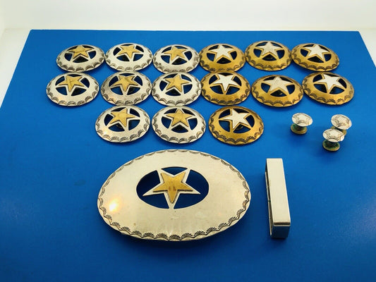 Southwestern Sterling Silver Brass Star Texas Star 23 Piece Rodeo Buckle Set