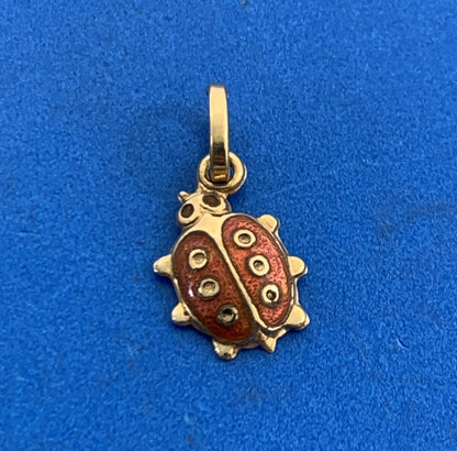 14K Yellow Gold Red Enamel Lady Bug Insect Charm Pendant