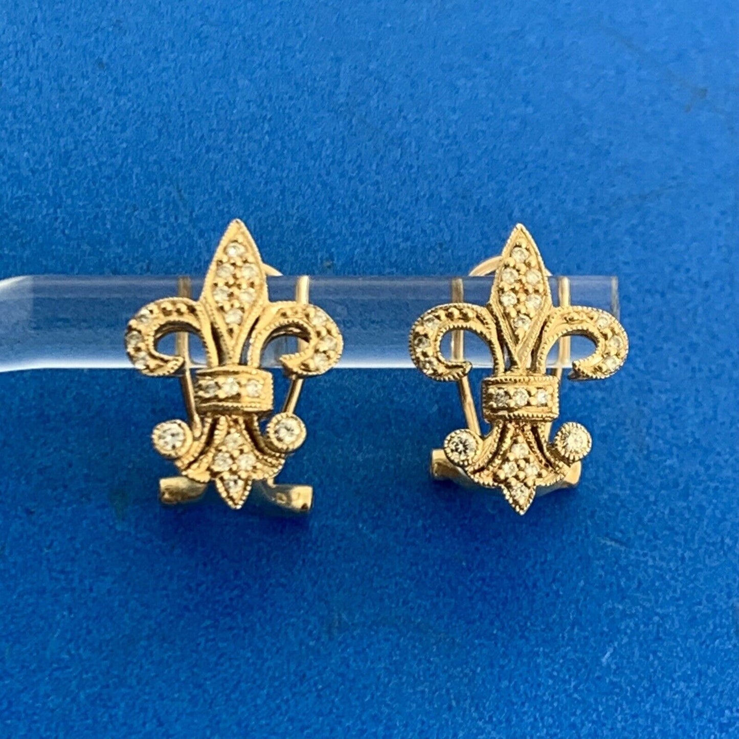 Designer 14K Yellow Gold Diamond Fleur De Lis Omega Back Stud Earrings