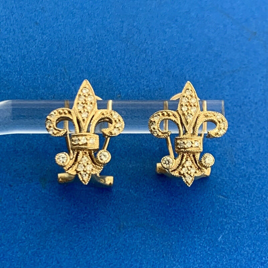 Designer 14K Yellow Gold Diamond Fleur De Lis Omega Back Stud Earrings