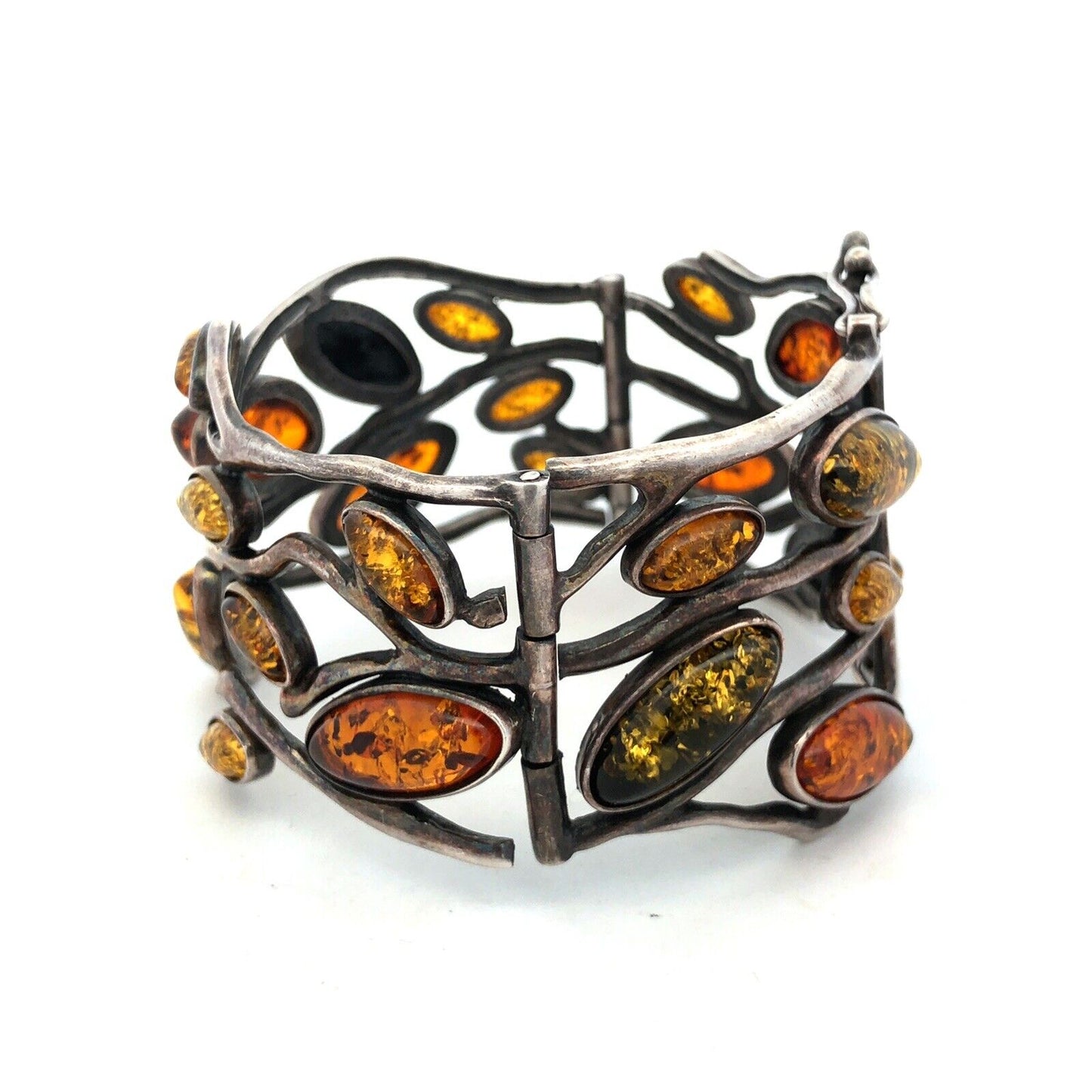 Vintage 925 Sterling Silver Green Orange Yellow Amber Vines Hinged Cuff Bracelet