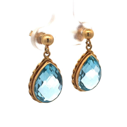 Designer Italy 18K Yellow Gold Pear Cushion Cut Blue Topaz Dangle Drop Earrings