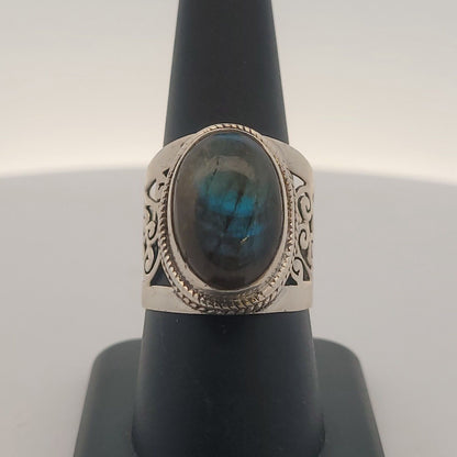 925 Sterling Silver Oval Labradorite Cabochon Statement Open Scroll Ring