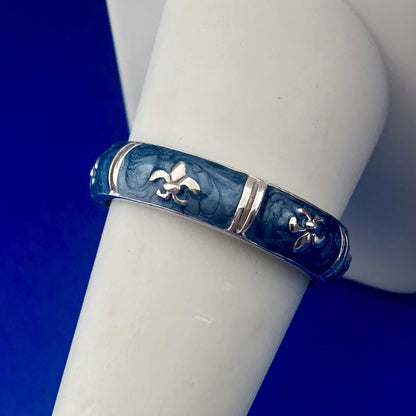 925 Sterling Silver Blue Enamel Fleur De Lis Cigar Band Ring
