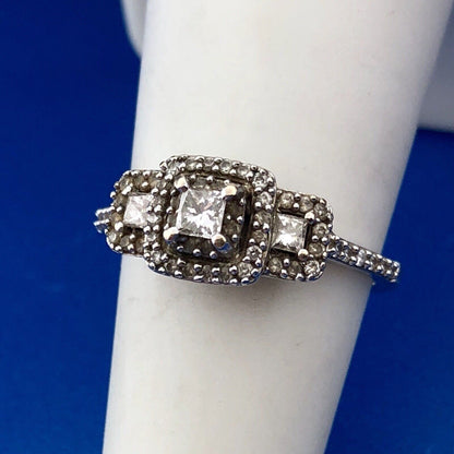14K White Gold Princess Diamond Trio Halo Engagement Bridal Ring