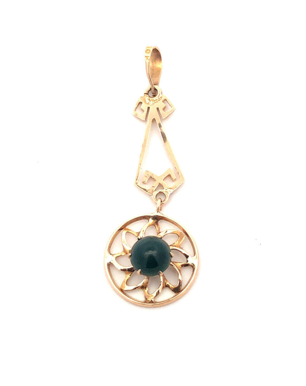 Vintage  10K Yellow Gold Round Green Onyx Cabochon Floral Design Dangle Pendant