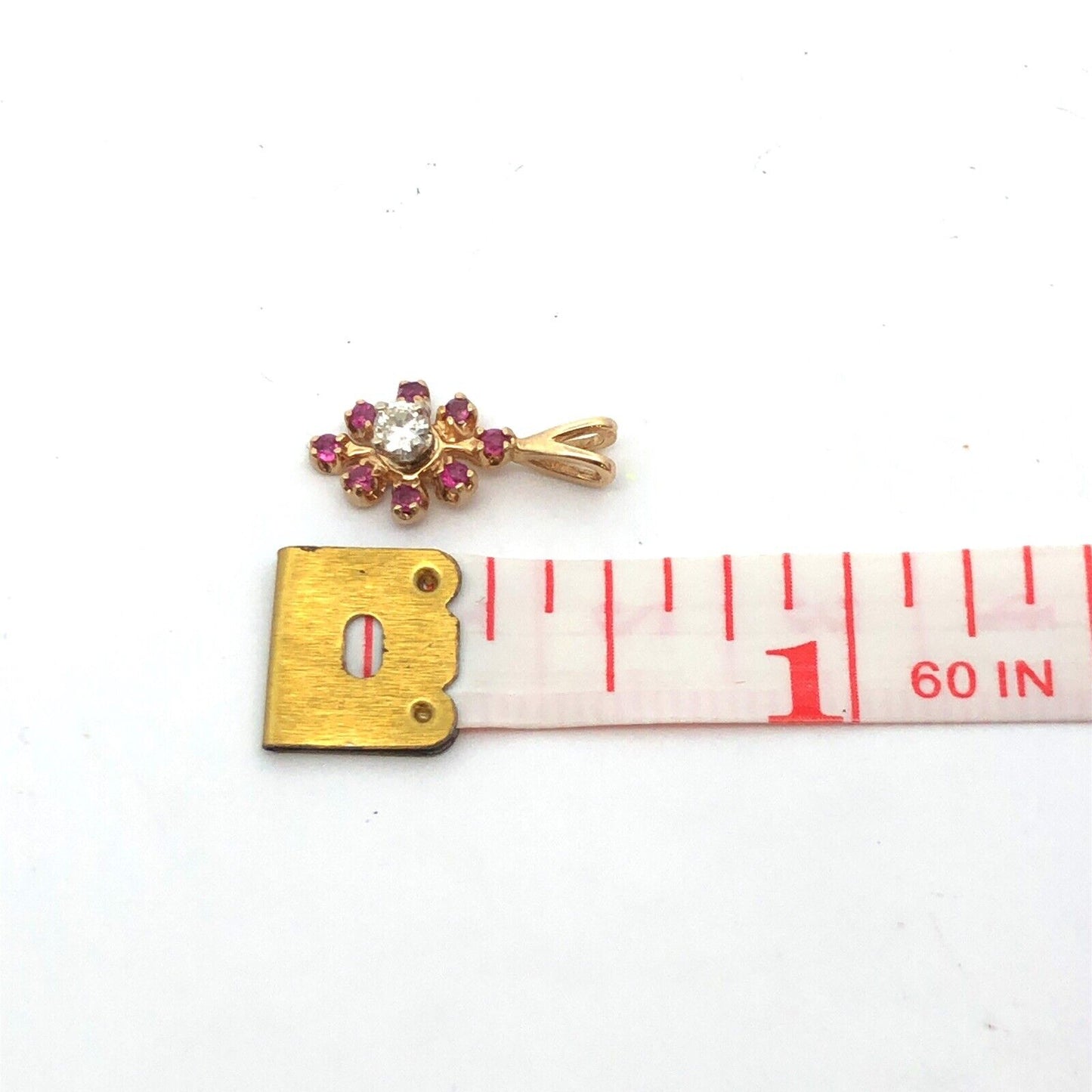 14K Yellow Gold Ruby Diamond Flower Floral Drop Charm Pendant