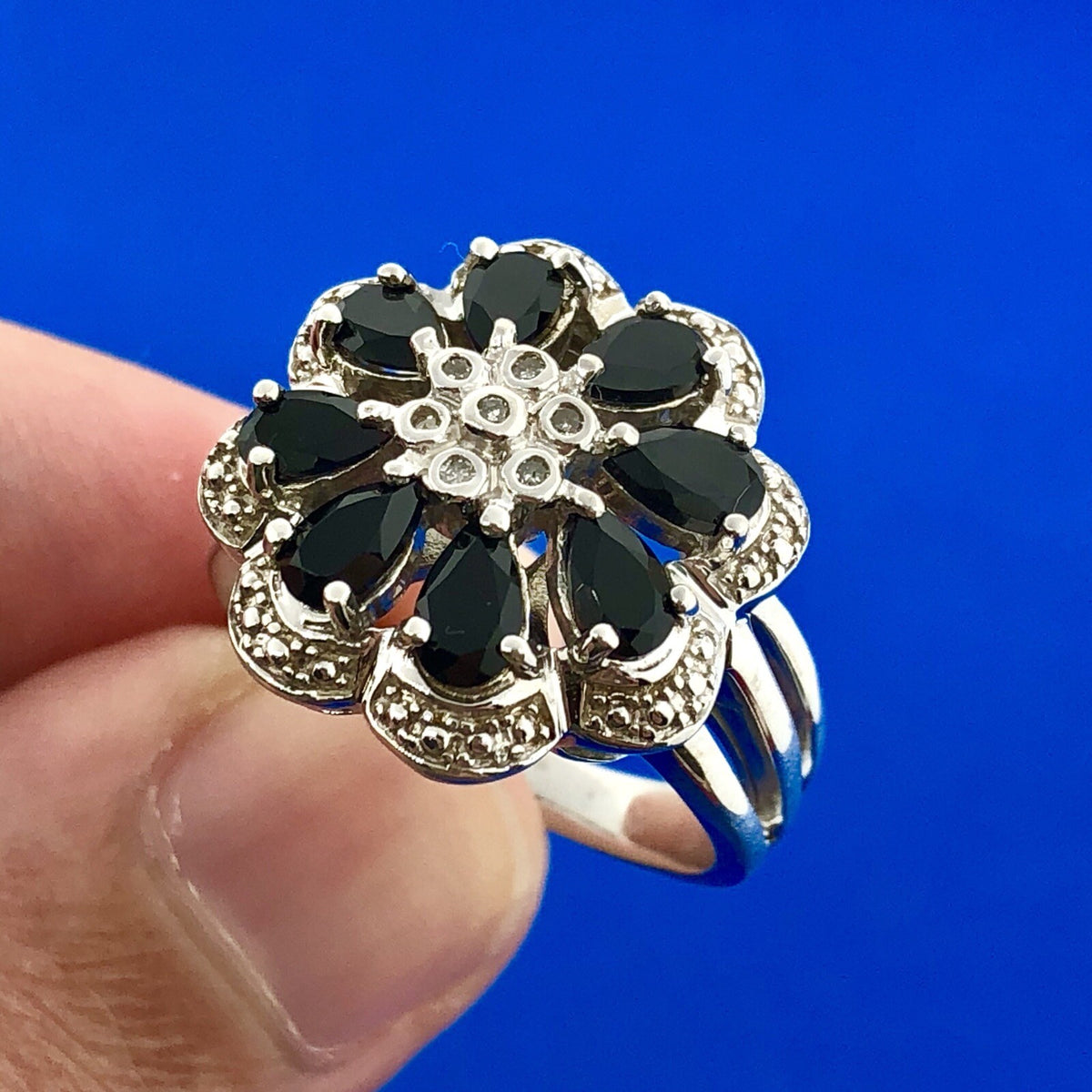 Designer AJ Sterling Silver Sapphire Diamond Floral Cluster September Anniv Ring