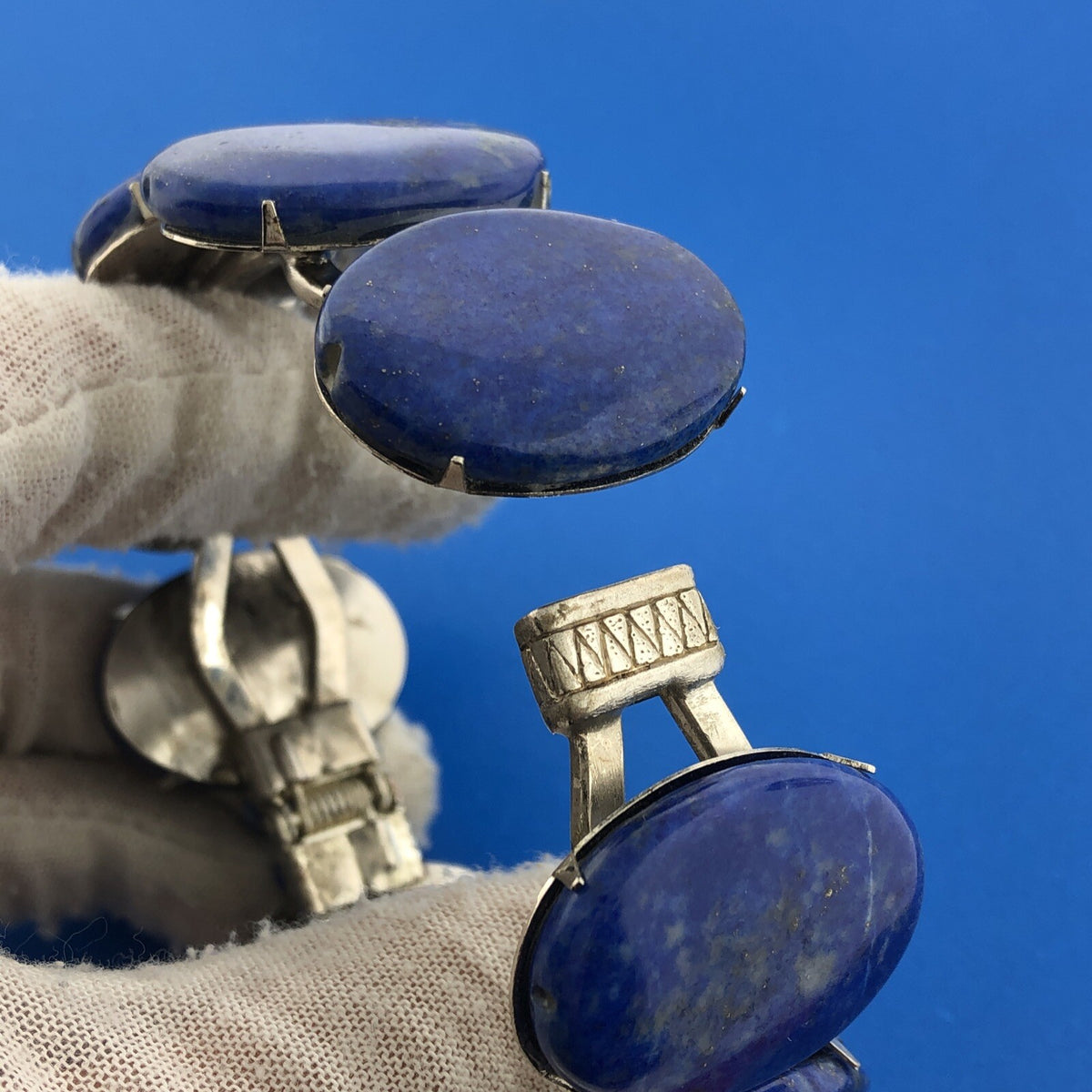 Siman Tu Silver Tone Lapis Lazuli Cabochon Statement Hinged Cuff Bracelet