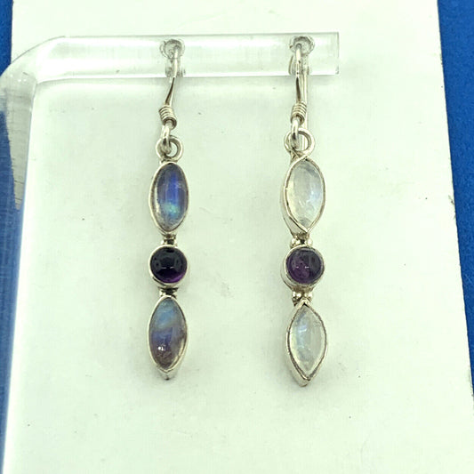 Designer Sterling Silver Moonstone Amethyst Dangle Drop Hook Earrings