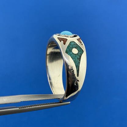 Native American T.J.W. Sterling Silver 925 Turquoise Coral Inlay Band Ring