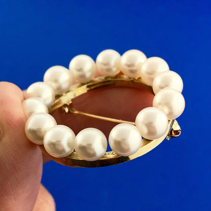 Vintage 14K Yellow Gold 6 MM Pearl Wreath Pin Brooch Pendant