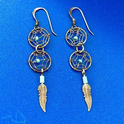 Artisan Sterling Silver 925 Turquoise Intricate Dream Catcher Dangle Earrings