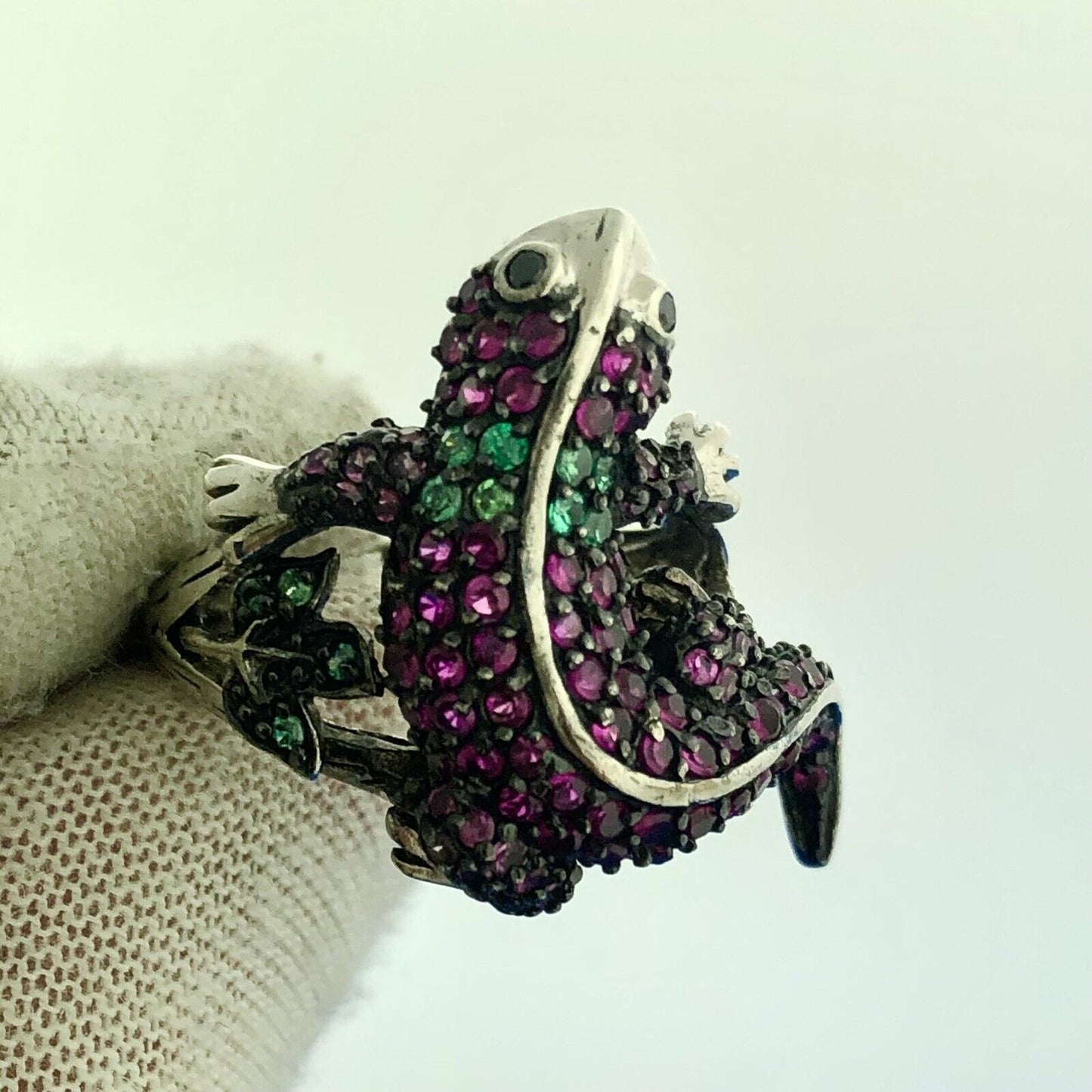 Unusual 925 Sterling Silver Ruby Emerald Gila Monster Lizard Statement Ring
