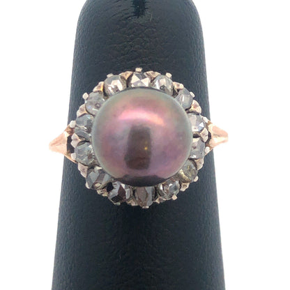 Retro 14k Yellow Gold Bronze Pearl Faceted Champagne Diamond Halo Cocktail Ring