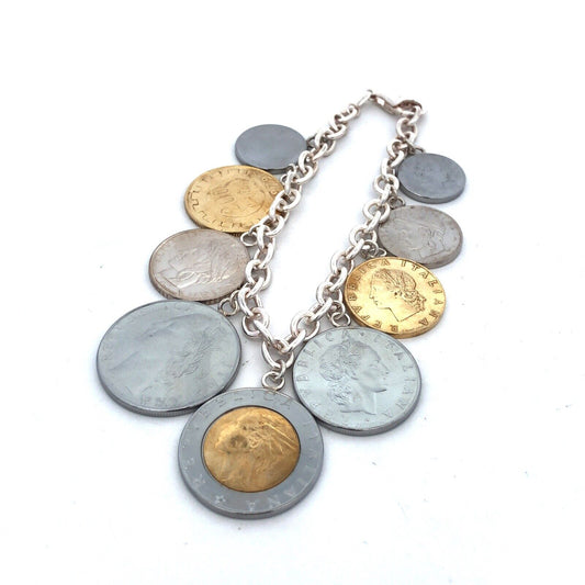 Milor Italy 925 Sterling Silver Italian Currency Lire Coin Charm Bracelet