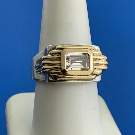 Art Deco 925 Sterling Silver 14K Yellow Gold White Tourmaline Unisex Dome Ring