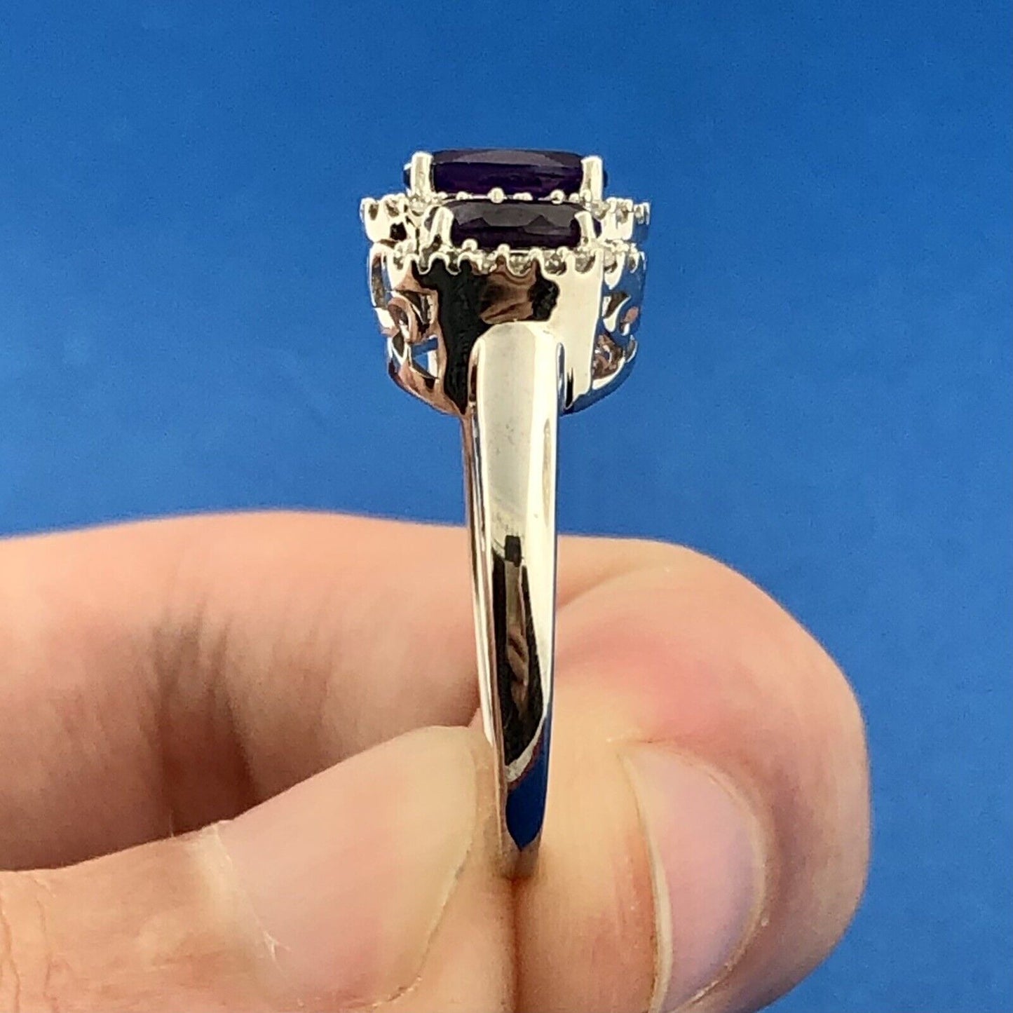 Stunning 10K White Gold Amethyst Trio Diamond Halo February Anniversary Ring