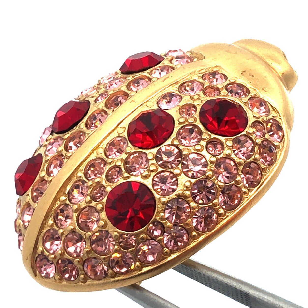 Givenchy Gold Tone Red Pink Rhinestone Beetle Lady Bug Scarab Brooch