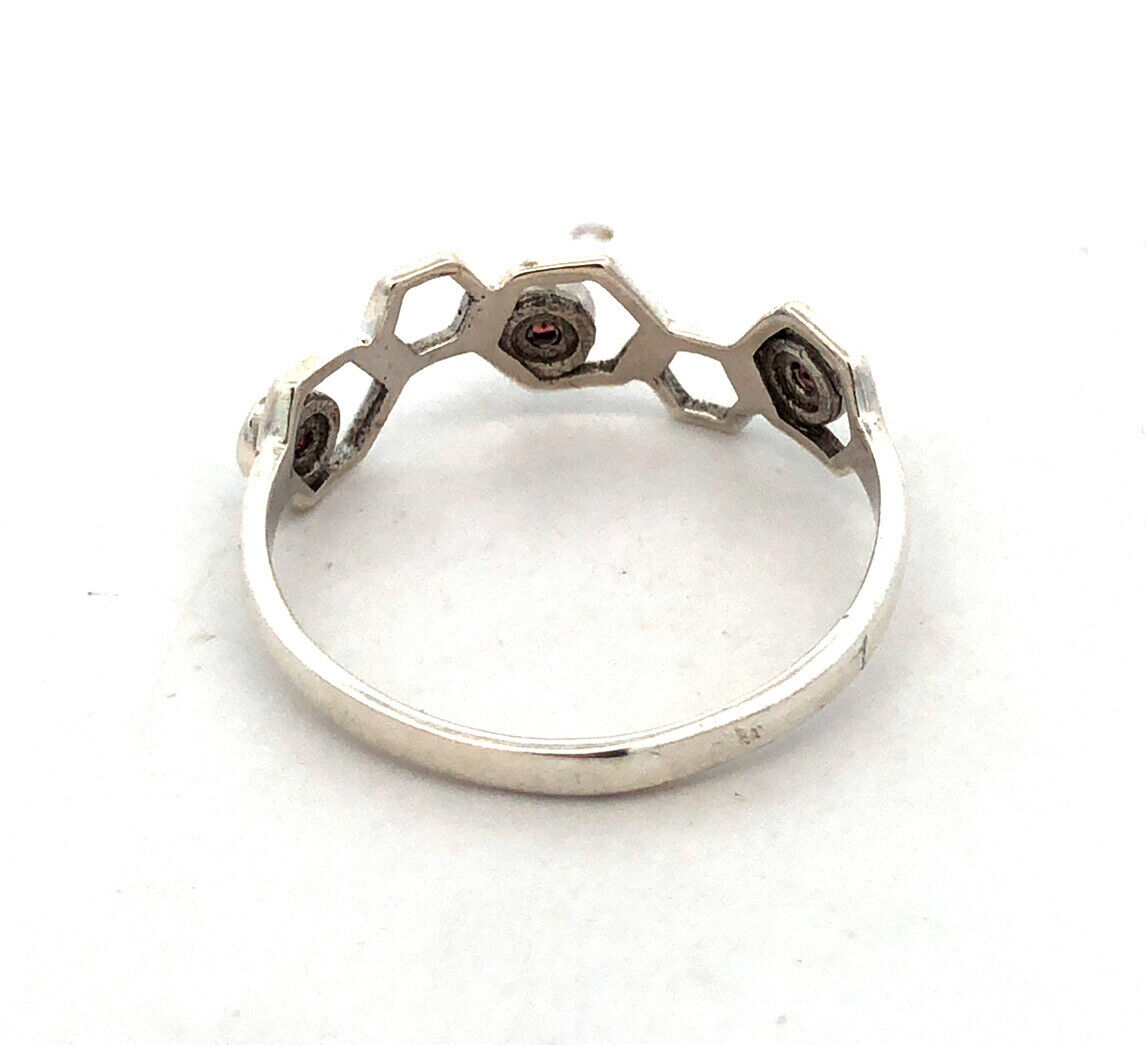 925 Sterling Silver Round Pink Tourmaline Honeycomb Hexagon Band Ring