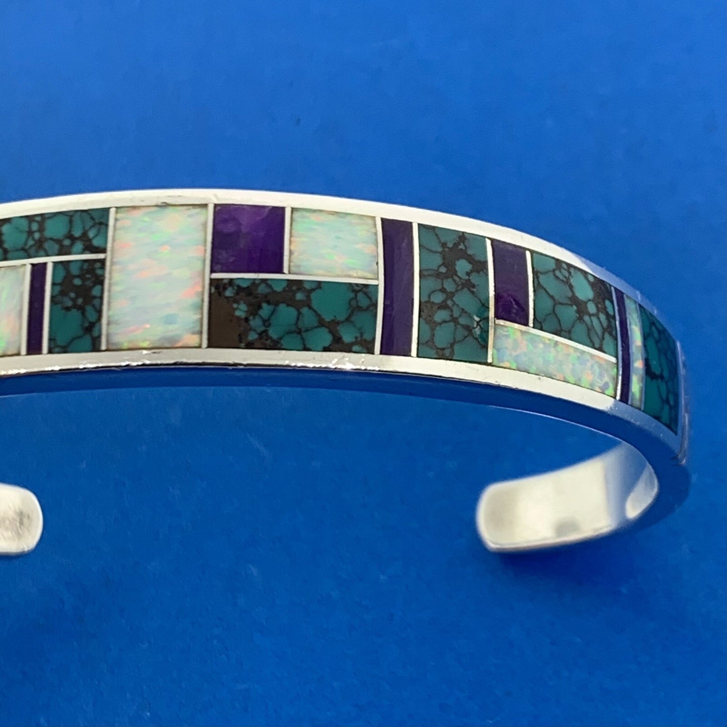 C Willie/D Rosales Sterling Silver Opal Spiderweb Turquoise Amethyst Inlay Cuff