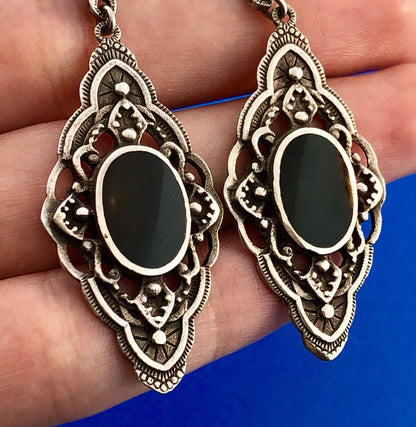Retro 925 Sterling Silver Black Onyx Scroll Dangle Drop Earrings