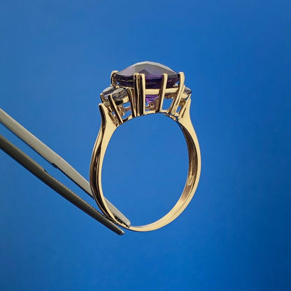 Designer 14K Yellow Gold Amethyst Tanzanite Diamond February Anniversary Ring