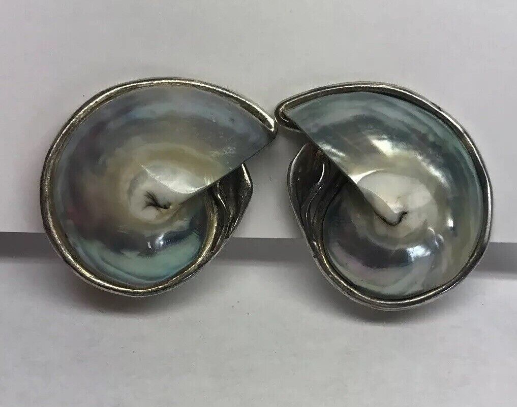 Vintage Sterling Silver 925 Abalone Sea Snail Shell Statement Earrings S162