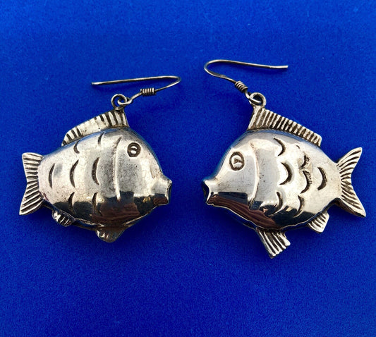 Retro Sterling Silver 925 Puffy Goldfish Blowfish Nemo Drop Dangle Earrings