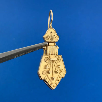 Estate 14K Yellow Gold Scroll And Heart Statement Door Knocker Dangle Earrings