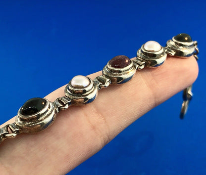 Retro Sterling Silver 925 Green Purple Amethyst Pearl February Toggle Bracelet