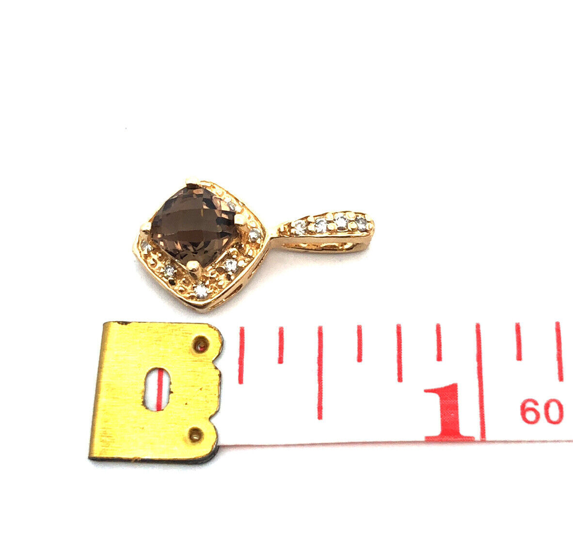 Designer  14K Yellow Gold Cushion Cut Smokey Quartz Diamond Accents Pendant