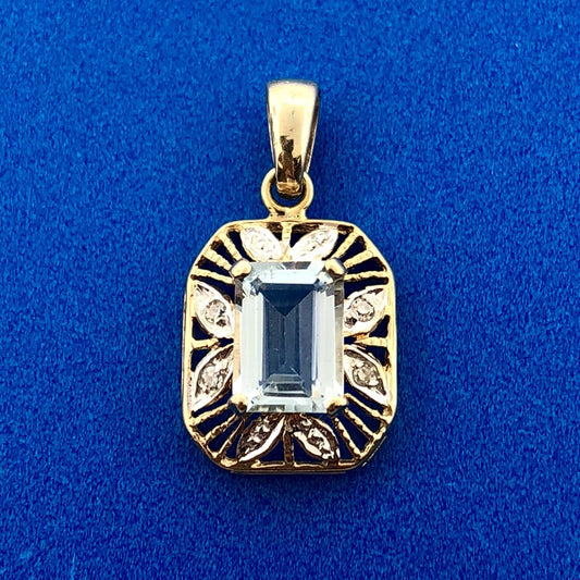 Stunning 10K Yellow White Gold Blue Topaz Diamond Filigree Charm Pendant