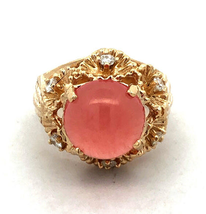 Vintage 14K Yellow Gold Round Morganite Diamond Flower Dome Cocktail Ring