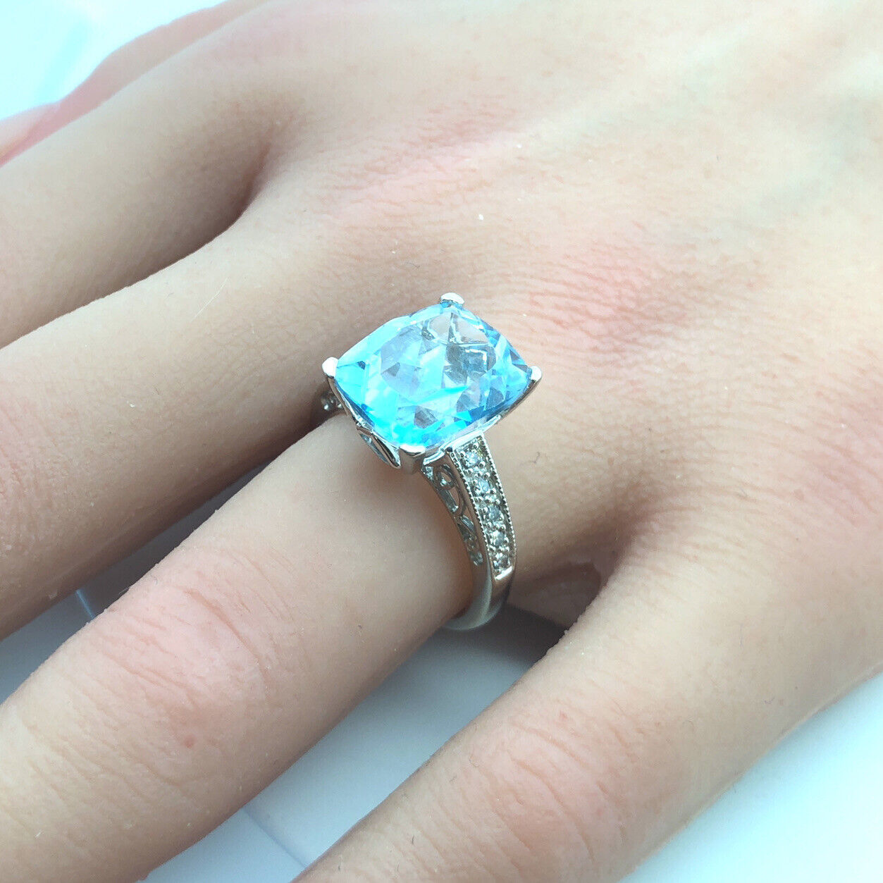 Designer 14K White Gold Radiant Cushion Cut Blue Topaz Diamond Accented Ring