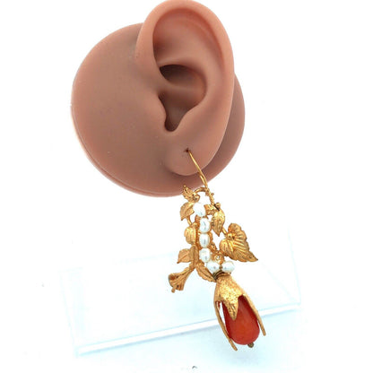 Estate Gold Tone Peach Quartz Rice Pearl Leaf & Vine Statement Drop Earrings