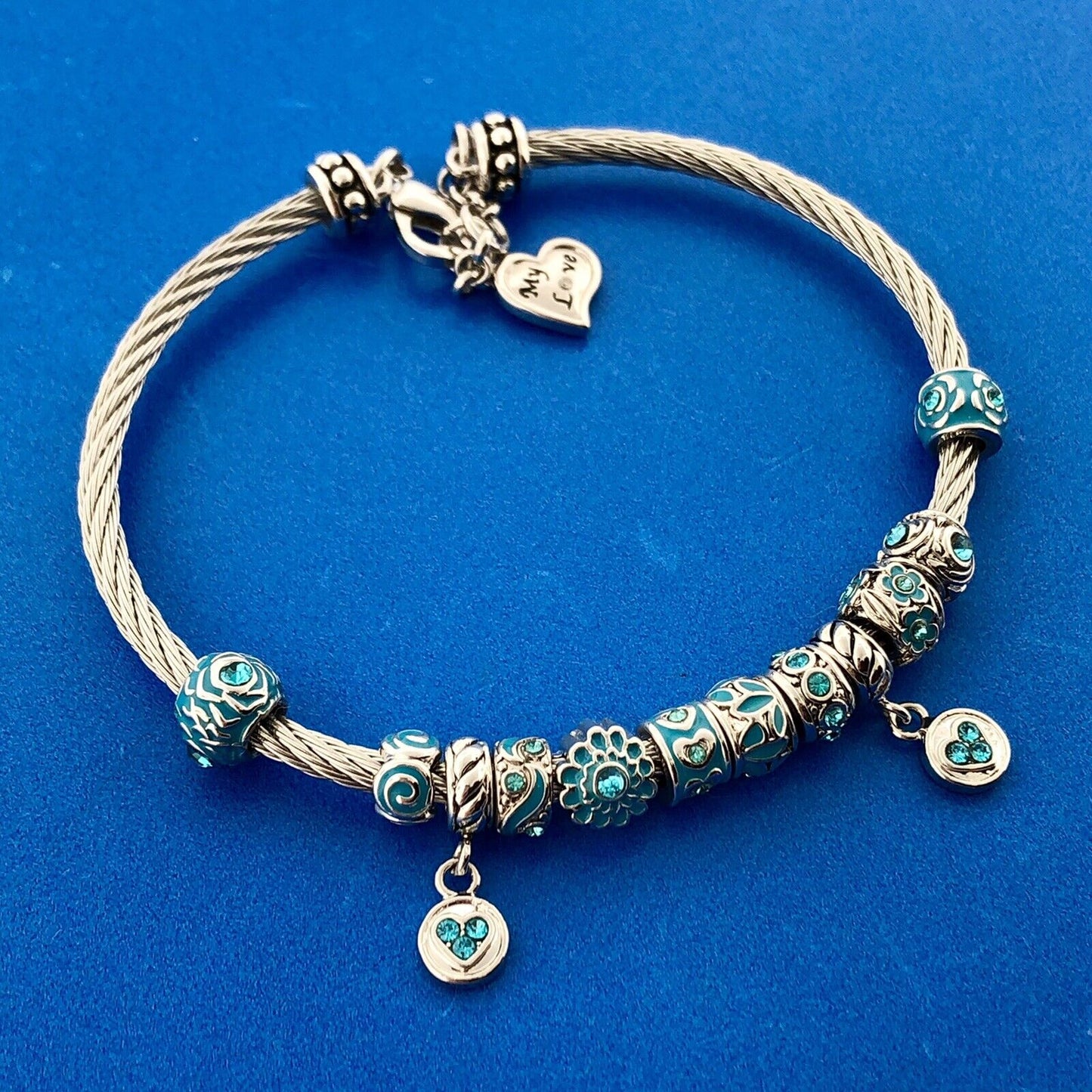 Aqua CZ Enamel Twisted Wire 10 Charm My Granddaughter My Love Charm Bracelet