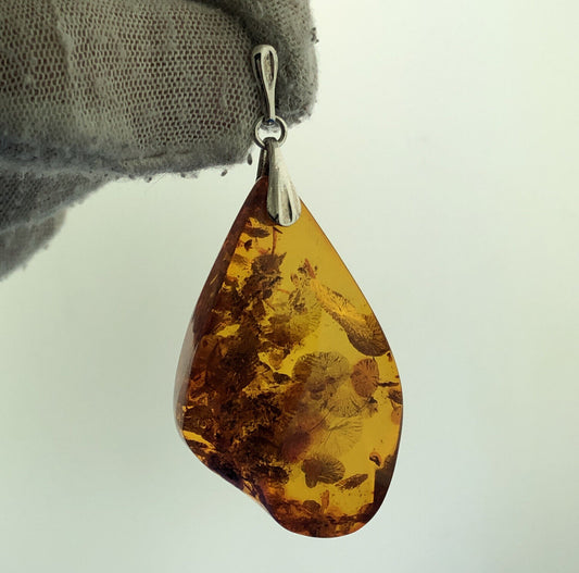 Stunning Sterling Silver 925 Reticulated Floral Amber Shard Dangle Pendant