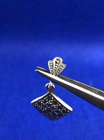 Designer Marcasite 925 Sterling Silver Square Drop Dangle Stud Earrings