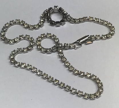Vintage Art Deco Silver Tone Bezel Set Crystal Rhinestone Necklace