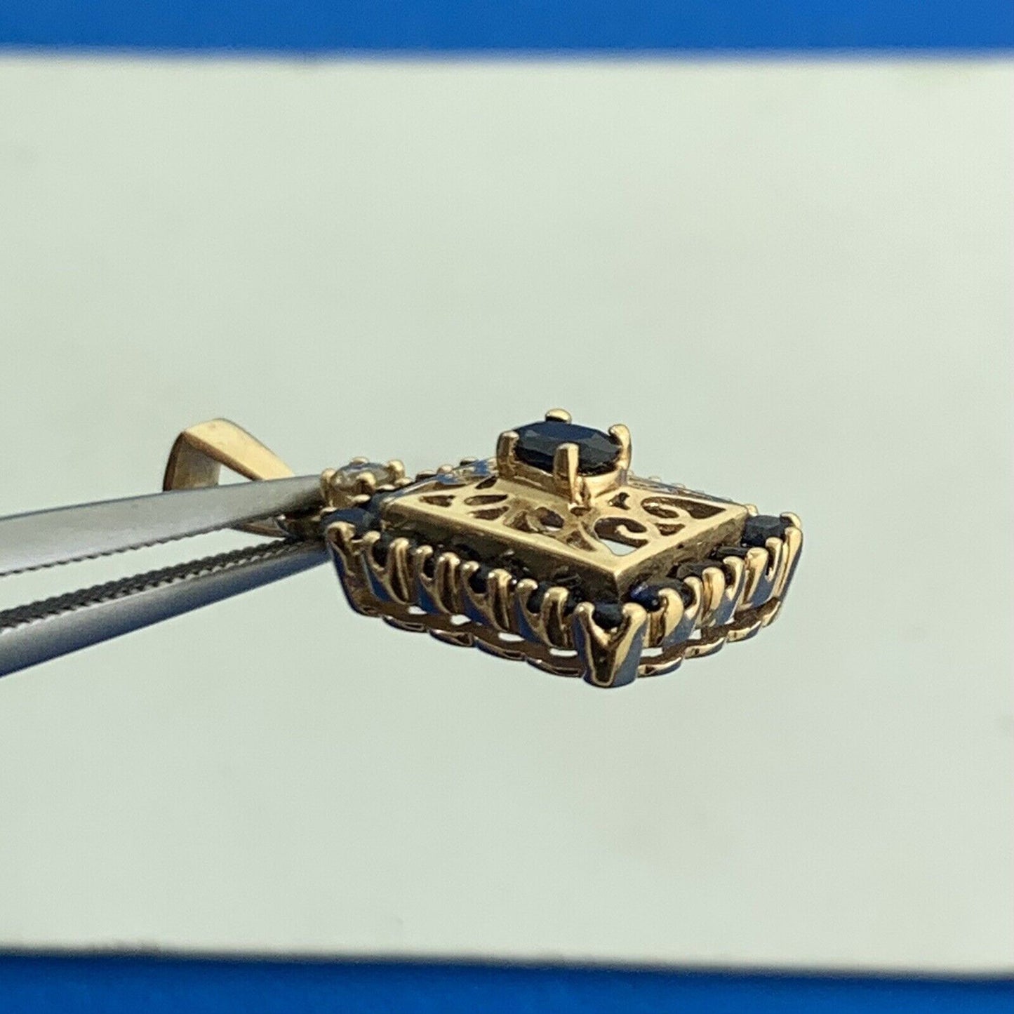 Designer 14K Yellow Gold Oval Blue Sapphire Diamond Accent Filigree Pendant