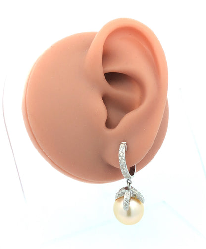 Vintage 18K White Gold Pearl Diamond Accent Dangle Drop Statement Hoop Earrings