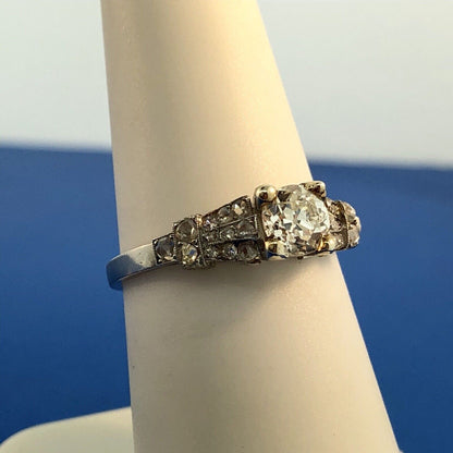 Art Deco Platinum European Mine Cut Diamond Solitaire W/Accents Engagement Ring