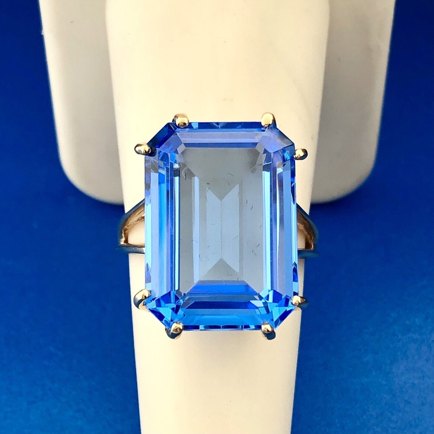 Fabulous 14K Yellow Gold Emerald Cut Lab Blue Spinel Solitaire Statement Ring