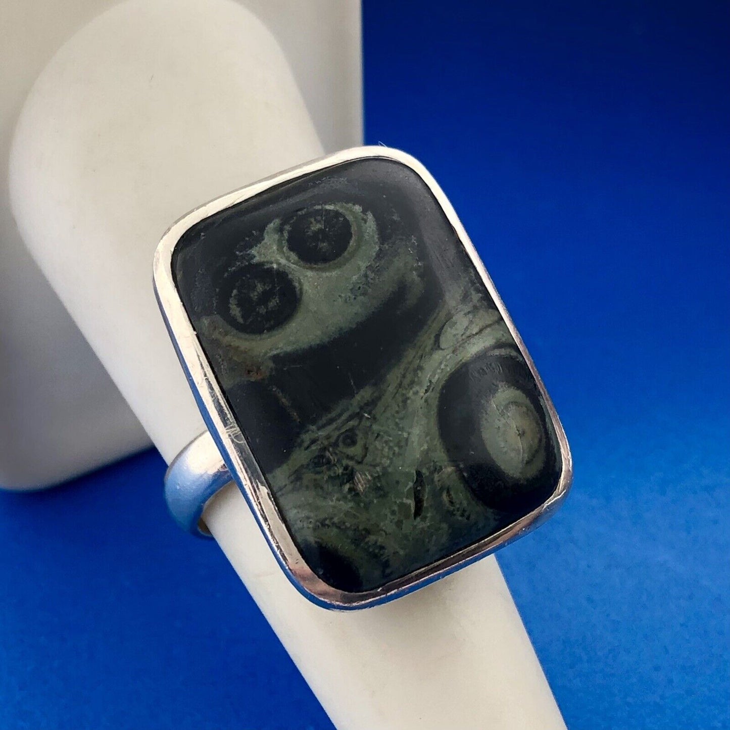 Modernist Sterling Silver Kambaba/Crocodile Eye Jasper Rectangle Statement Ring
