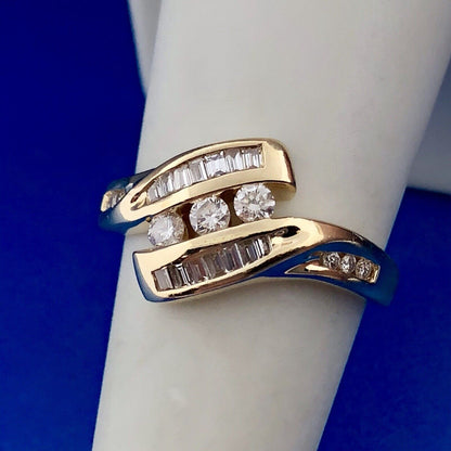Retro Modernist 14K Yellow Gold Diamond Trio Accented Bypass Anniversary Ring