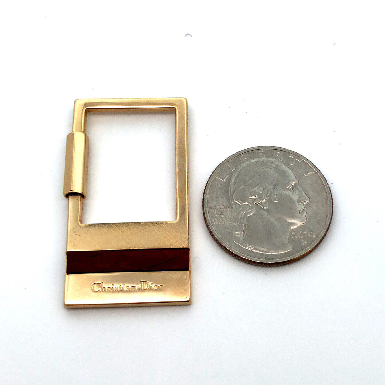 Christian Dior Gold Tone Genuine Rose Wood Rectangle Original Box Key Ring