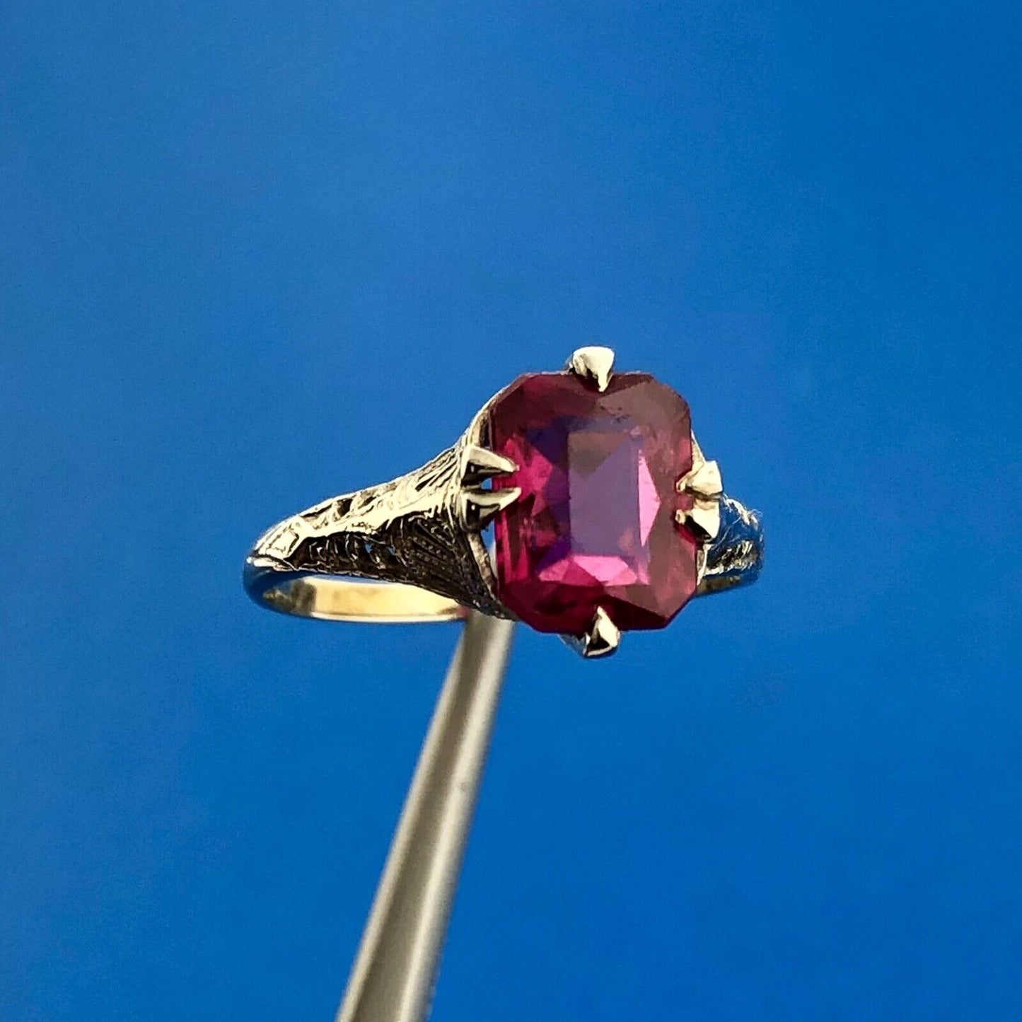 Gorgeous 14k White Gold Radiant Cut Ruby Openwork Filigree Dome Ring Size 7