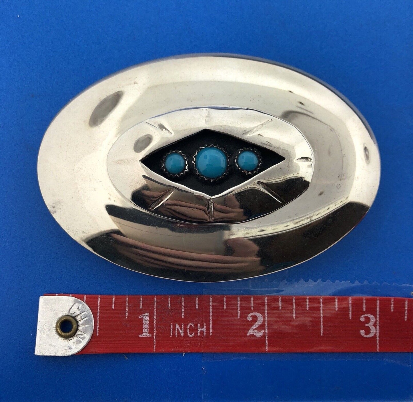 Silver Tone Native American Inspired Turquoise Concho Belt Buckle Artisan Signed